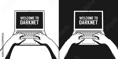 Hands of a man working on a laptop - 3d image from the first person. Retro stamp print.