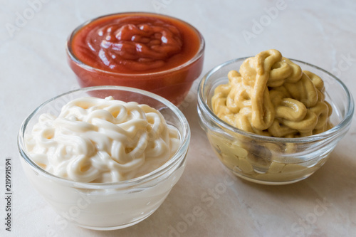 Set of Three Classic Sauce Ketchup, Mayonnaise and Mustard in Small Glass Bowls