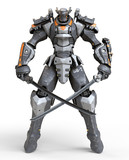 Mech samurai warrior standing and holding two swords. Two crossed Japanese samurai katana swords. Futuristic robot with white and gray color metal. Sci-fi Mech Battle. 3D rendering on white background