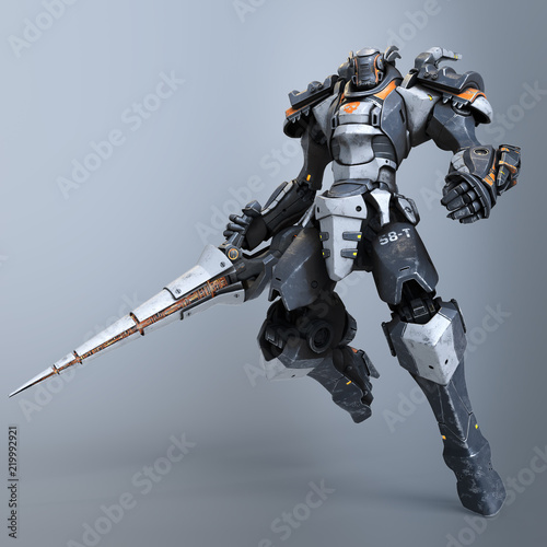 Robot warrior with a large lance in one hand. A science-fiction mech in a jumping pose. Futuristic robot with white and gray color metal. Mech Battle. Orange paint. 3D rendering on a gray background.