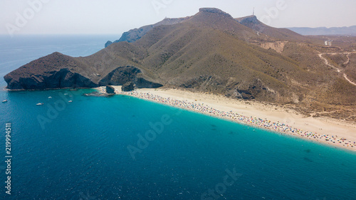 Aerial view of the coast with a sandy beach