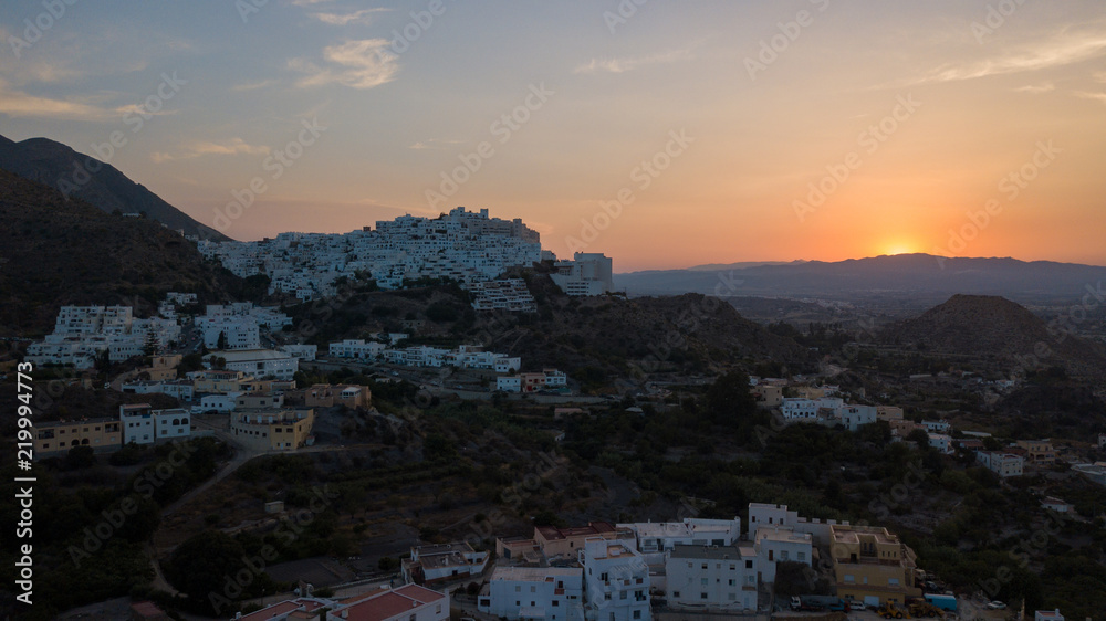 Aerial view of a Mediterranean village at sunset