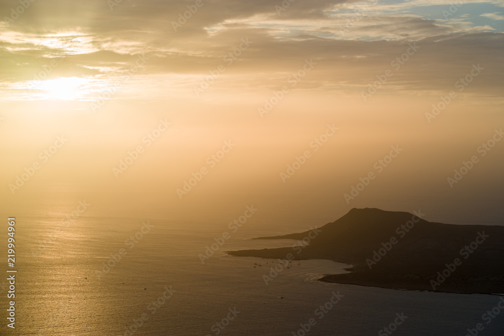 Landscape from 'Mirador del Rio' with a couple, Lanzarote, Spain