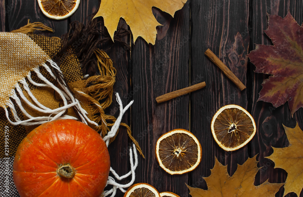 Orange pumpkin, cinnamon, slices of dried orange, autumn colorful leaves and checkered plaid on a dark wooden background top view with space for text. Autumn Pumpkin Thanksgiving Background. Orange pumpkin, cinnamon, slices of dried orange, autumn colorful leaves and checkered plaid on a dark wooden background top view with space for text. Autumn Pumpkin Thanksgiving Background.