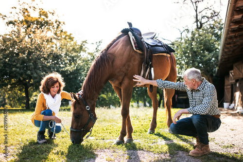 A senior couple crouching and a horse grazing by a stable.