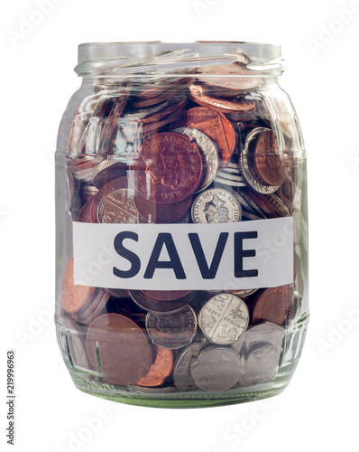 Glass jar with coins isolated