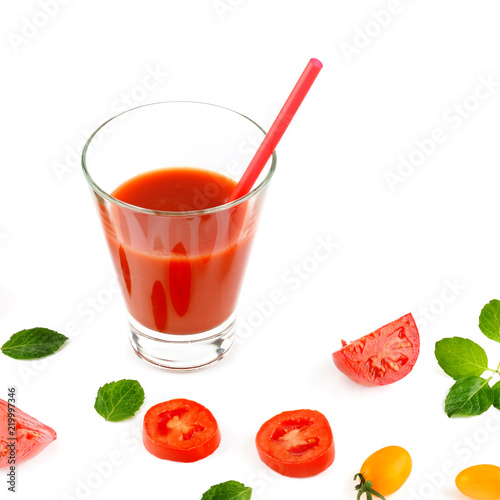 Fresh tomato juice and tomatoes isolated on white background. Free space for text.