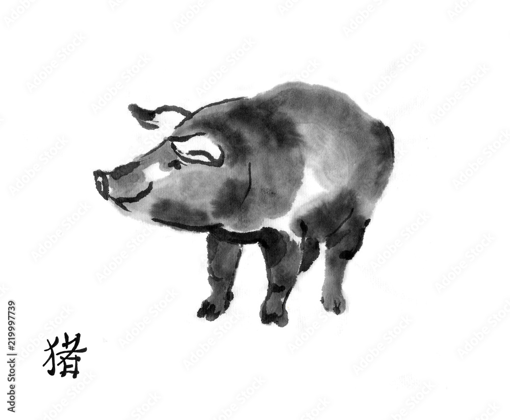 Obraz Pig sumi-e illustration. Swine oriental ink wash painting with Chinese hieroglyph 