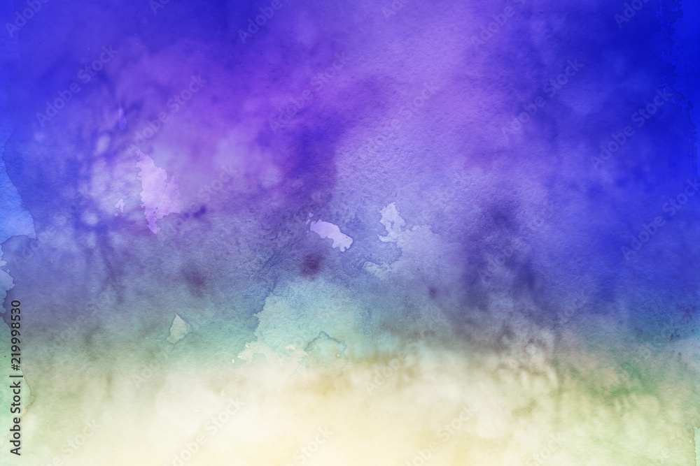 Colorful watercolor ombre leaks and splashes texture on white watercolor paper background. Natural organic shapes and design.