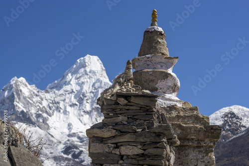 Buddhist stupa and Ama Dablam summit in Khumbu