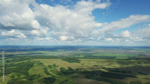 Beautiful aerial drone shot of the green fields in Russia
