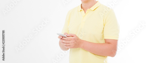 man in t shirt holding smartphone isolated on white background. Mobile maketing, business concept. Copy space
