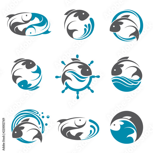 collection of abstract fish icon with waves
