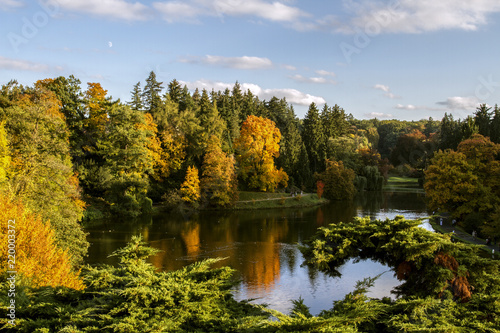 Fototapeta Naklejka Na Ścianę i Meble -  Beautiful autumn park , trees and Blue sky reflected in calm water.Pruhonice, Castle near Prague, Czech Republic.