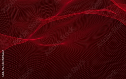 Abstract landscape on a red background. Cyberspace grid. Hi-tech network. 3D illustration