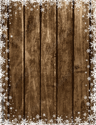 Wooden brown christmas background with snowflakes and stars, vector illustration