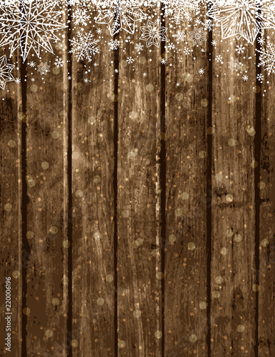 Wooden brown christmas background with snowflakes and stars, vector illustration