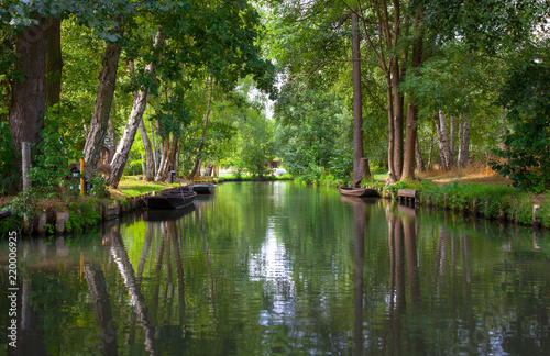 River canal and wooden boats in the Spreewald