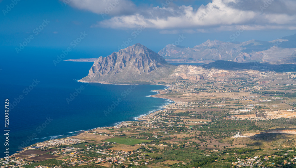 Panoramic view of Mount Cofano and coastline from Erice, province of Trapani, Sicily.