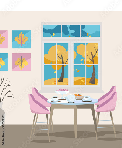 Flat illustration Dining table with chairs and coffee cups near window with autumn view and yellow thees, colorful vector illustration in cartoon flat style on beige background.