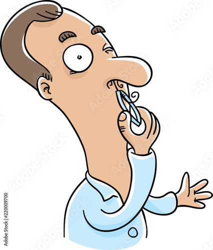 A cartoon man in pain while plucking hairs from his nostrils using tweezers.