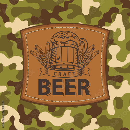 Vector banner for craft beer with a leather label depicting a full beer glass with ears of wheat on a background of camouflage fabric