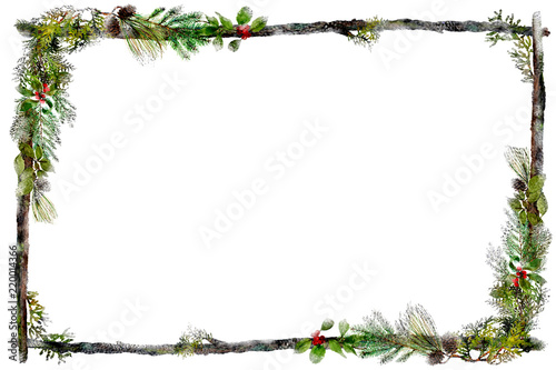 watercolor twig frame with holiday greens and red berries