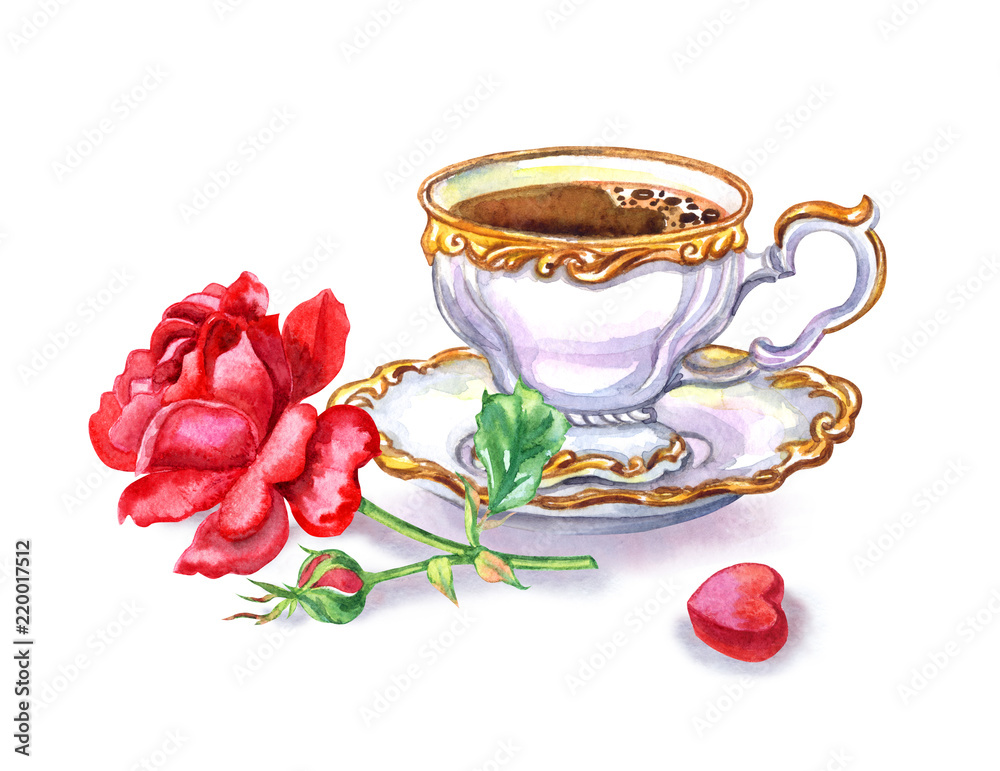 Cup Of Coffee Tea Red Rose And Candy In The Shape Of Heart Watercolor Drawing On White Background Isolated Postcard To The Day Of Lovers Birthday Etc Stock Illustration Adobe Stock