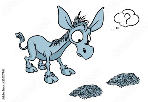 Buridanov donkey psychology term doubt cartoon illustration isolated image 