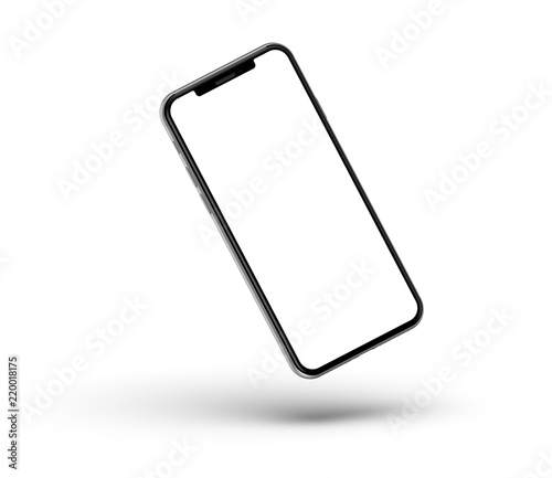 Black smartphones with blank screen, isolated on white background. High detailed. Template, mockup.