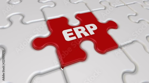 ERP. The inscription on the missing element of the puzzle. Folding white puzzles elements and one red with text ERP - Enterprise Resource Planning. Footage video
