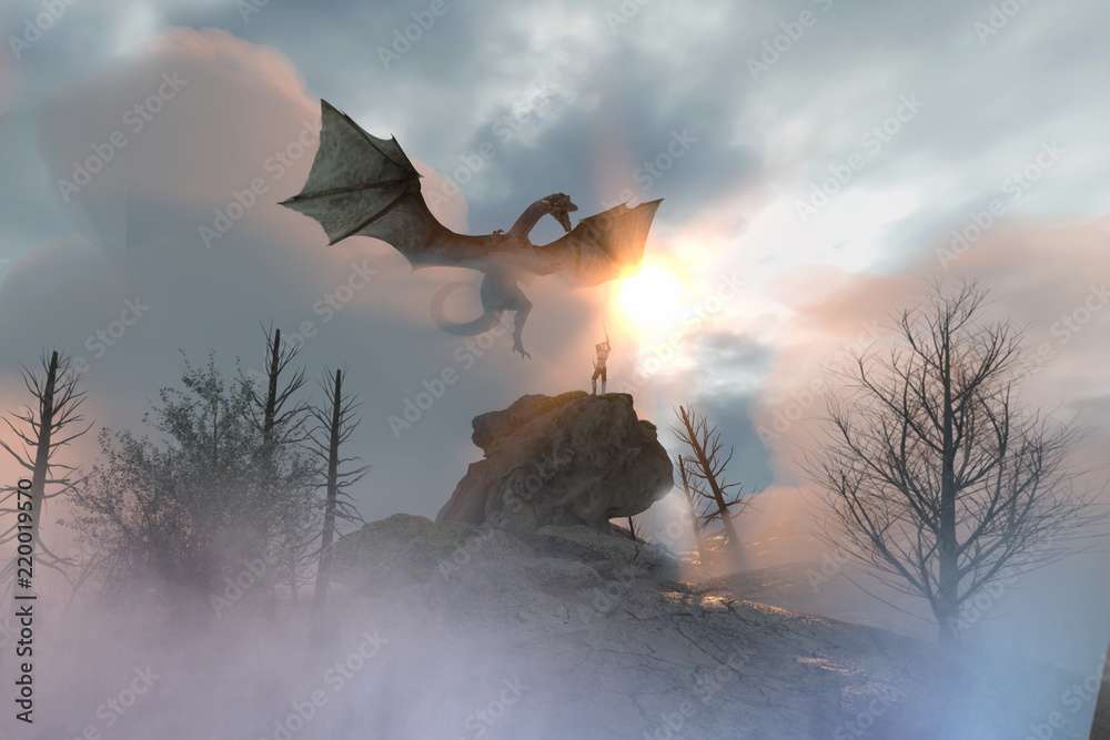 Obraz premium 3D ilustracja rycerza walczącego ze smokiem, smok kontra człowiek