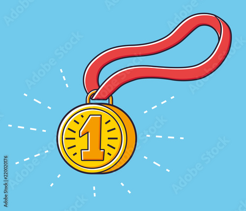 First place gold medal with a red ribbon.