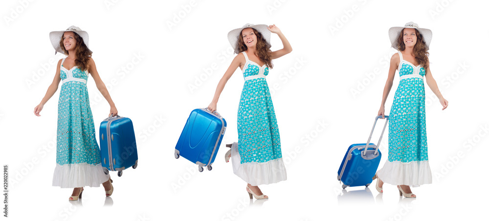 Woman traveller with suitcase isolated on white