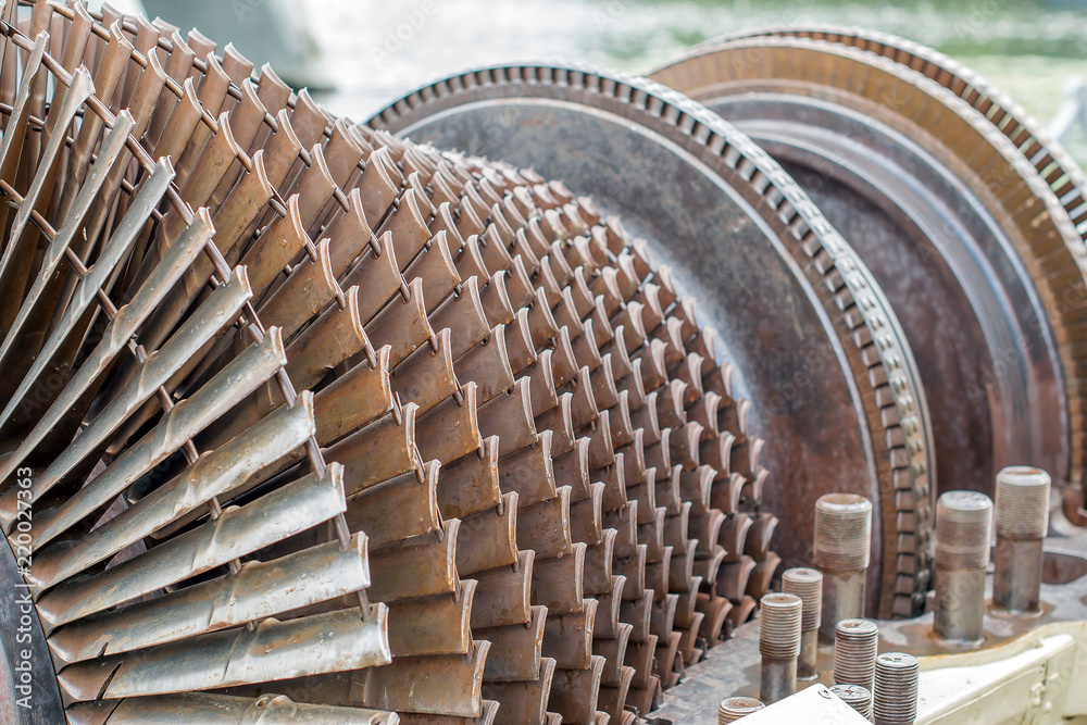 turbine rotor with blades and propellers as turboprop and gas turbine engine Stock Photo Adobe