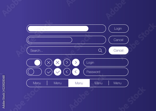 Vector white UI Kit set. Vector flat design ui kit for webdesign. Style flat ui kit design set for web design. Flat buttons, menu, progress bar photo