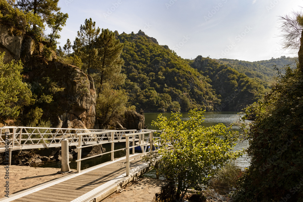 Sil Canyon, Sober (Lugo), Spain. August 25, 2018: View of Chancis pier at river Sil canyon and Ribeira Sacra valley in Galicia. The area is famous for its scenery and terraced vineyards.