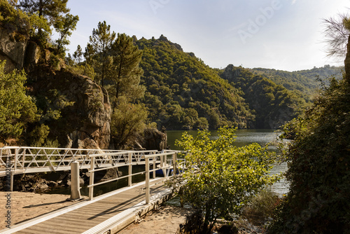 Sil Canyon  Sober  Lugo   Spain. August 25  2018  View of Chancis pier at river Sil canyon and Ribeira Sacra valley in Galicia. The area is famous for its scenery and terraced vineyards.