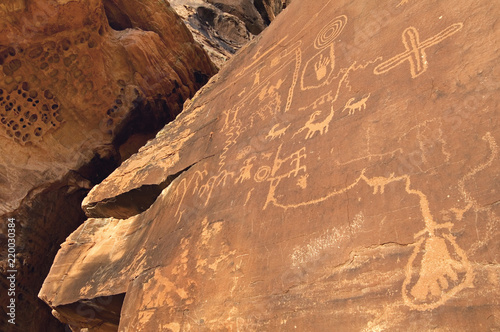 Atlatl Rock connects the past to the present with preserved Anasazi Native American petroglyphs in the Valley of Fire State Park, NV.