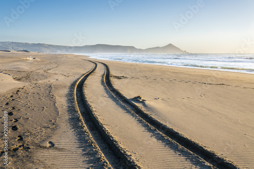 A 4WD car track in a wild beach sand going towards an endless infinite horizon at the Chilean coastline in Topocalma beach, Puertecillo, Chile