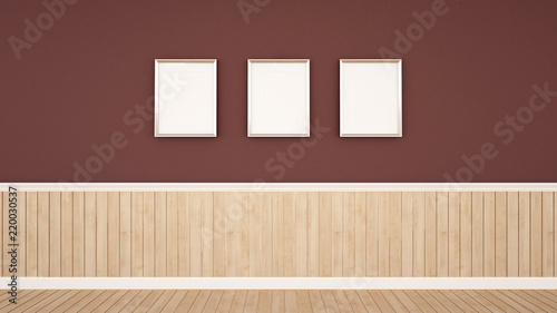 Picture frame on red brown wall with wood wall and wood floor decoration room for artwork - Empty room and picture frame for add artwork on space design - 3d rendering