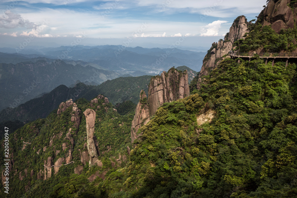 Sanqingshan, Mount Sanqing National Park - Yushan, Jiangxi Province, China. National Geopark and Sacred Taoist Mountain, UNESCO World Heritage. China Cliff Walk, walkway suspended along mountain cliff