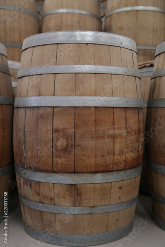 cellar with barrels of white wine, red, rose, beer, whiskey. wine and agricultural
