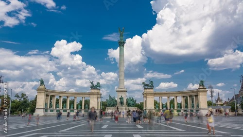 Heroes' Square (Hősök tere with Millenniumi emlékmű) in Budapest with a crowd of people at summer day. Time lapse photo