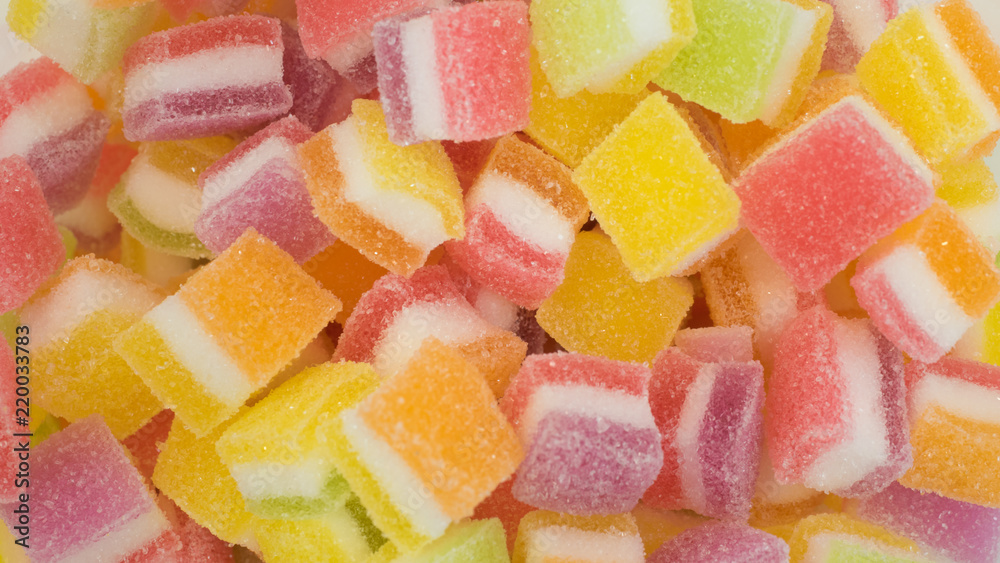 colorful candy and jelly sweet close up, Square shape jelly candy flavor fruit, candy dessert colorful on sugar colorful candy and jelly sweet close up, Square shape jelly candy flavor fruit, candy dessert colorful on sugar