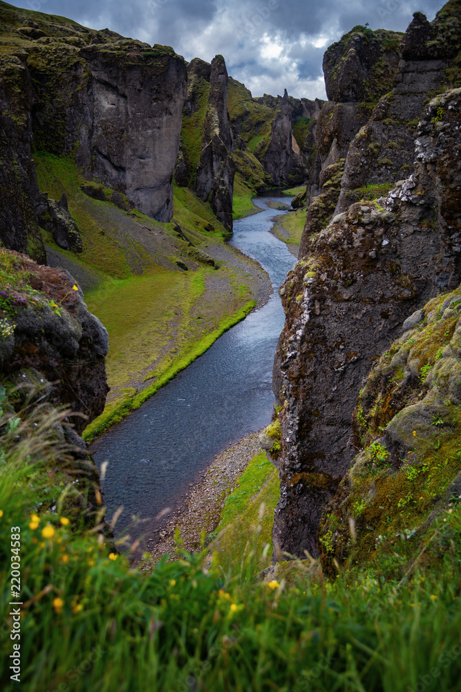 Scenic View of Fjadrargljufur Canyon in South Iceland summer.