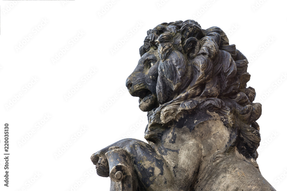 old sculpture of a snarling growling lion, isolated, copy space