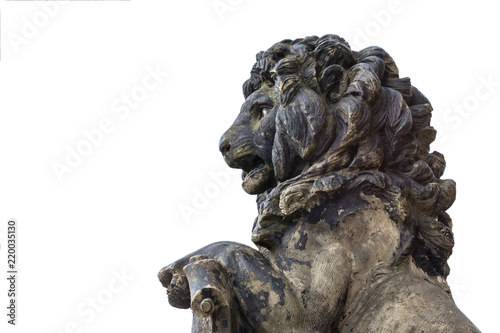 old sculpture of a snarling growling lion, isolated, copy space © Sergey