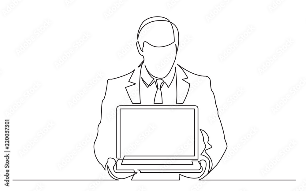 continuous line drawing of standing man in suit showing-laptop computer continuous line drawing of standing man in suit showing-laptop computer
