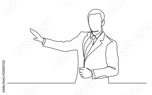 continuous line drawing of standing businessman showing with his hand